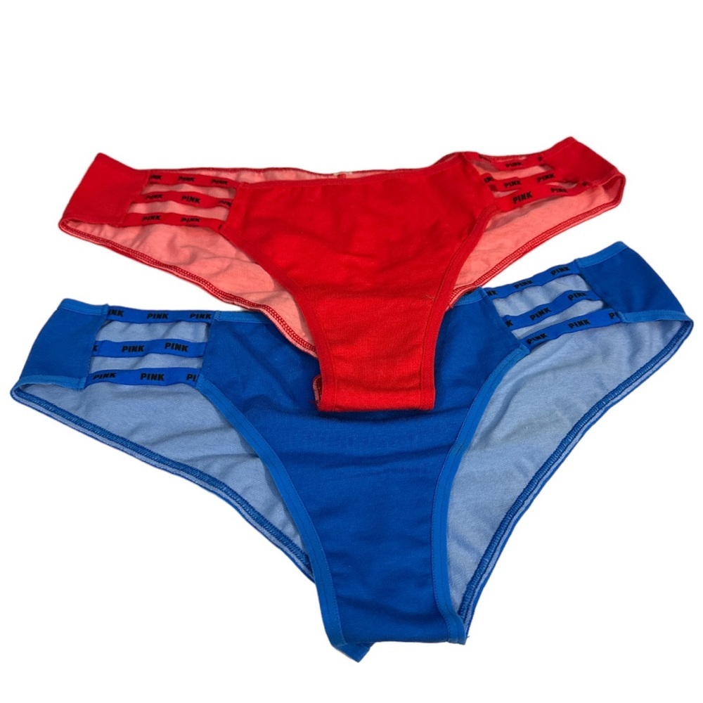PINK Victoria's Secret 2 Pair Cotton Panties Blue Red Merry Babe Holiday M NWT